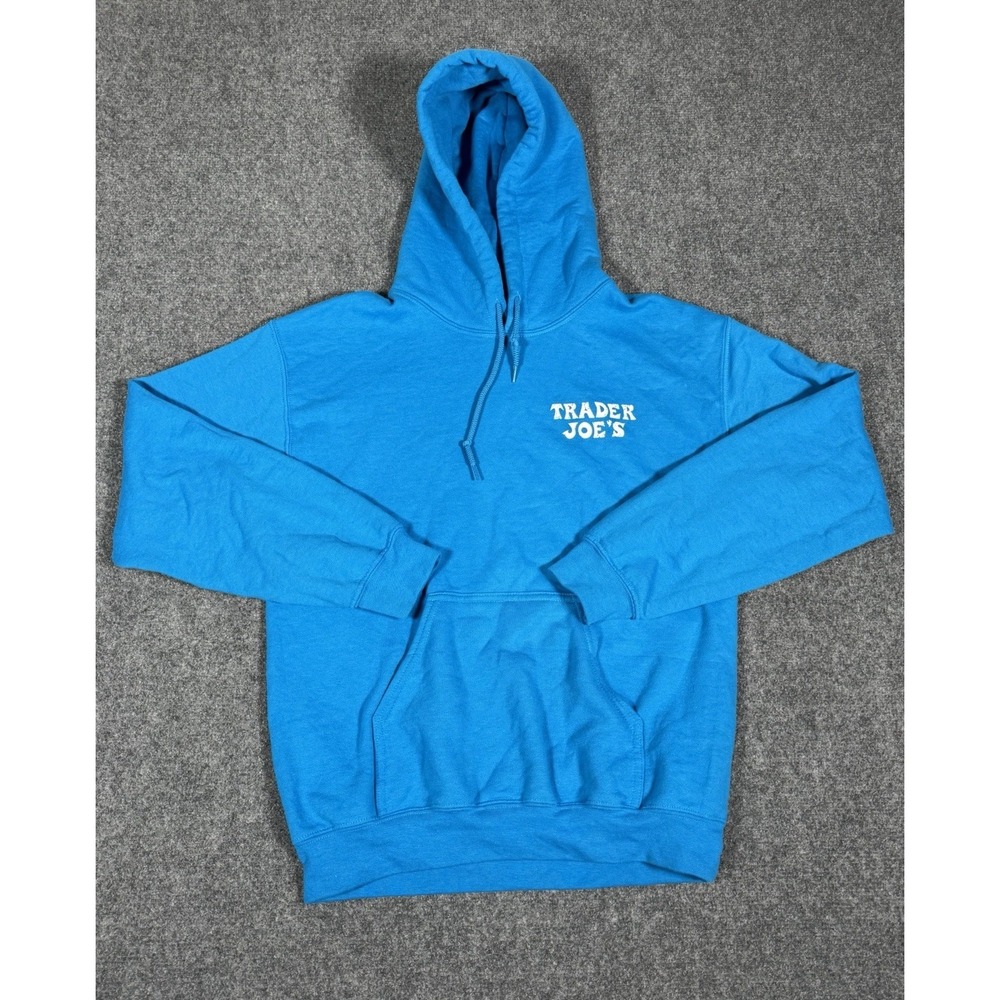 Gildan Trader Joes Hoodie Sweatshirt Small Blue Pullover Fleece Graphic Print‎